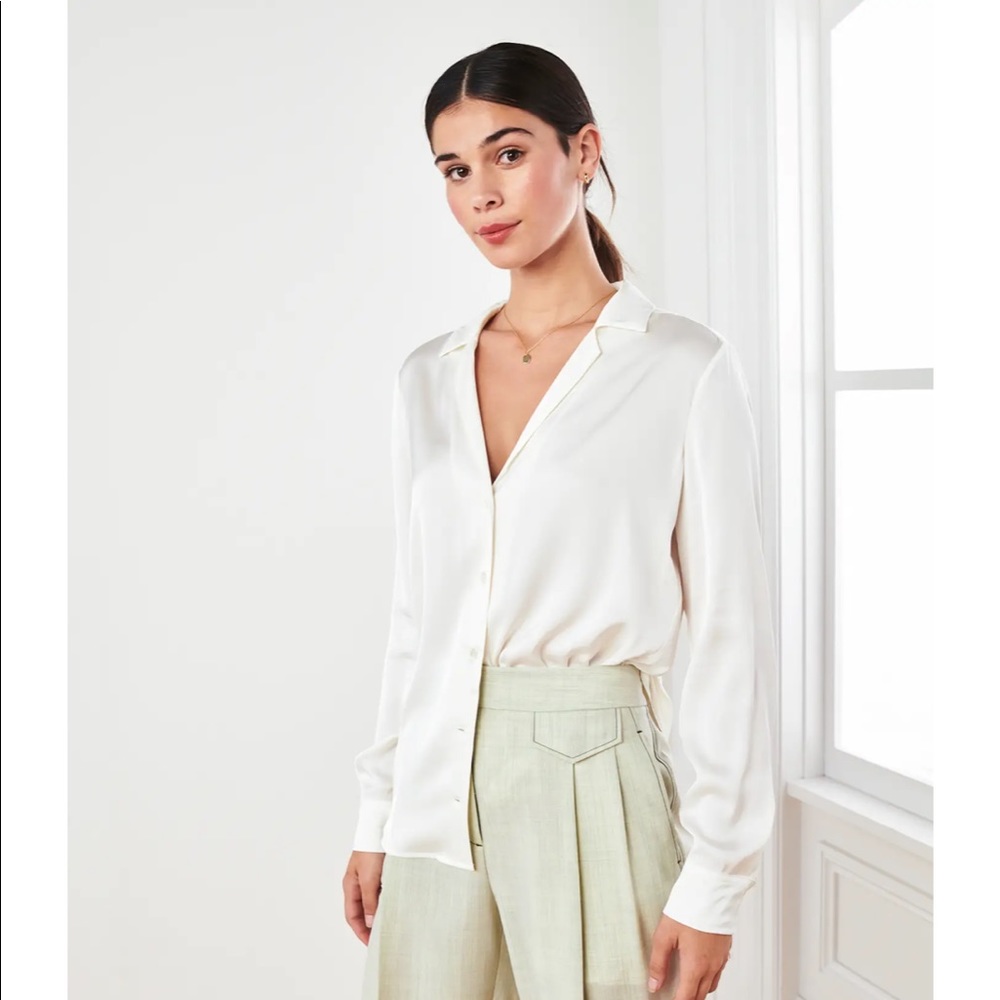 Quince Washable Stretch Silk Notch Collar Blouse ivory